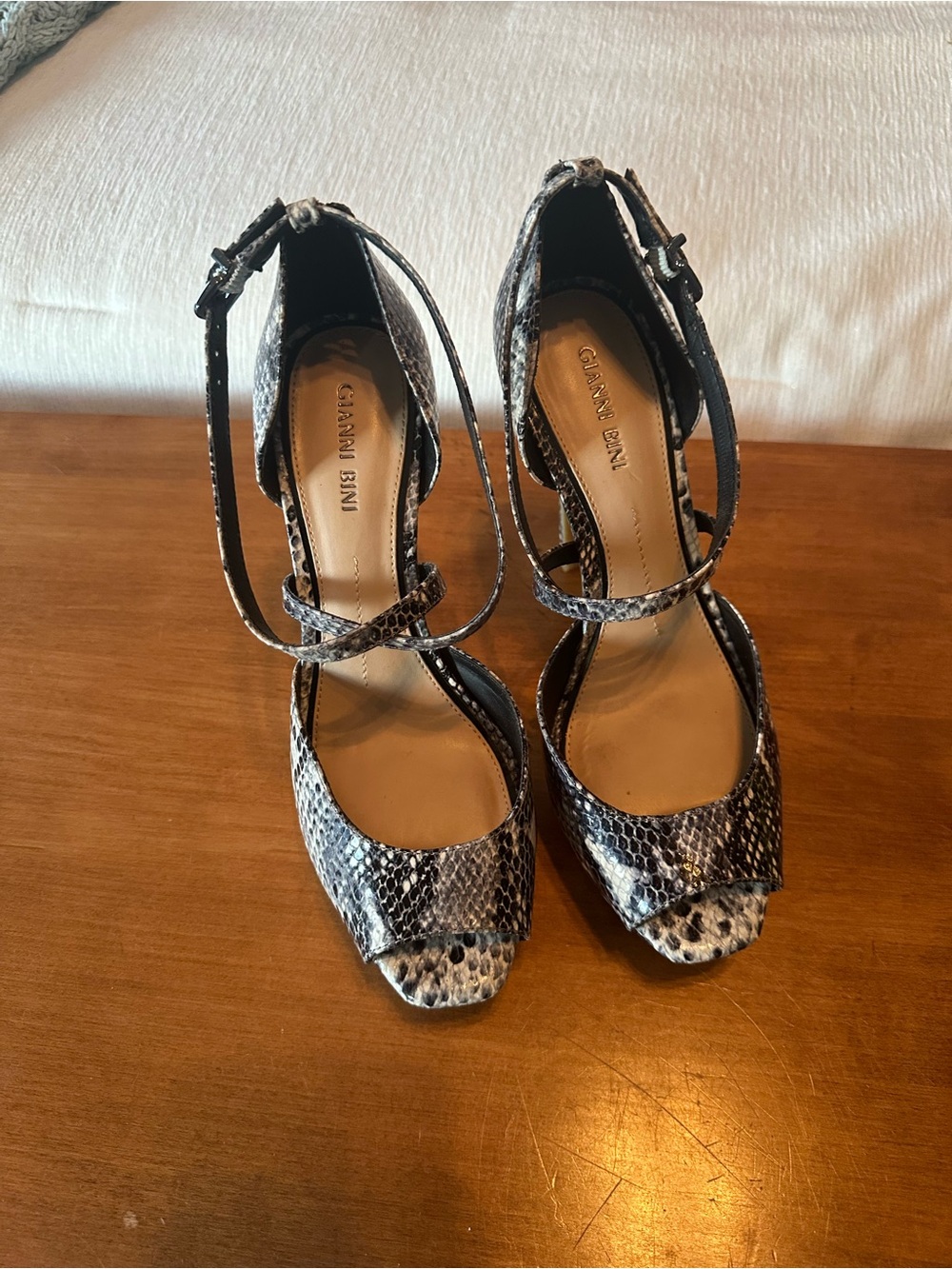 BNIB - Gianni Bini Black and Gray Snake-Print Ankle Strap Heels